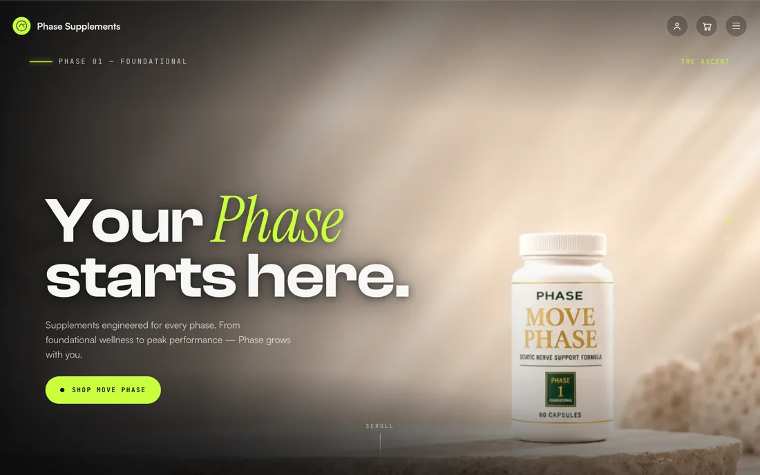 Phase Supplements rebuilt — dark cinematic homepage